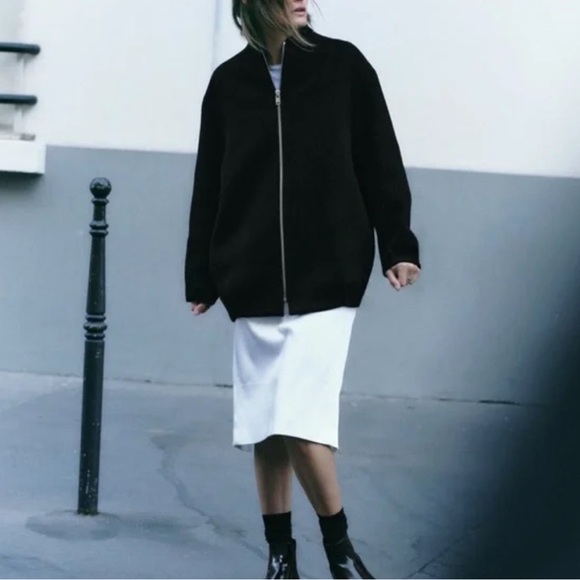 Zara Women’s Black Manteco Wool Bomber Zip Up Coat ZW Collection Medium NWT - Picture 3 of 14